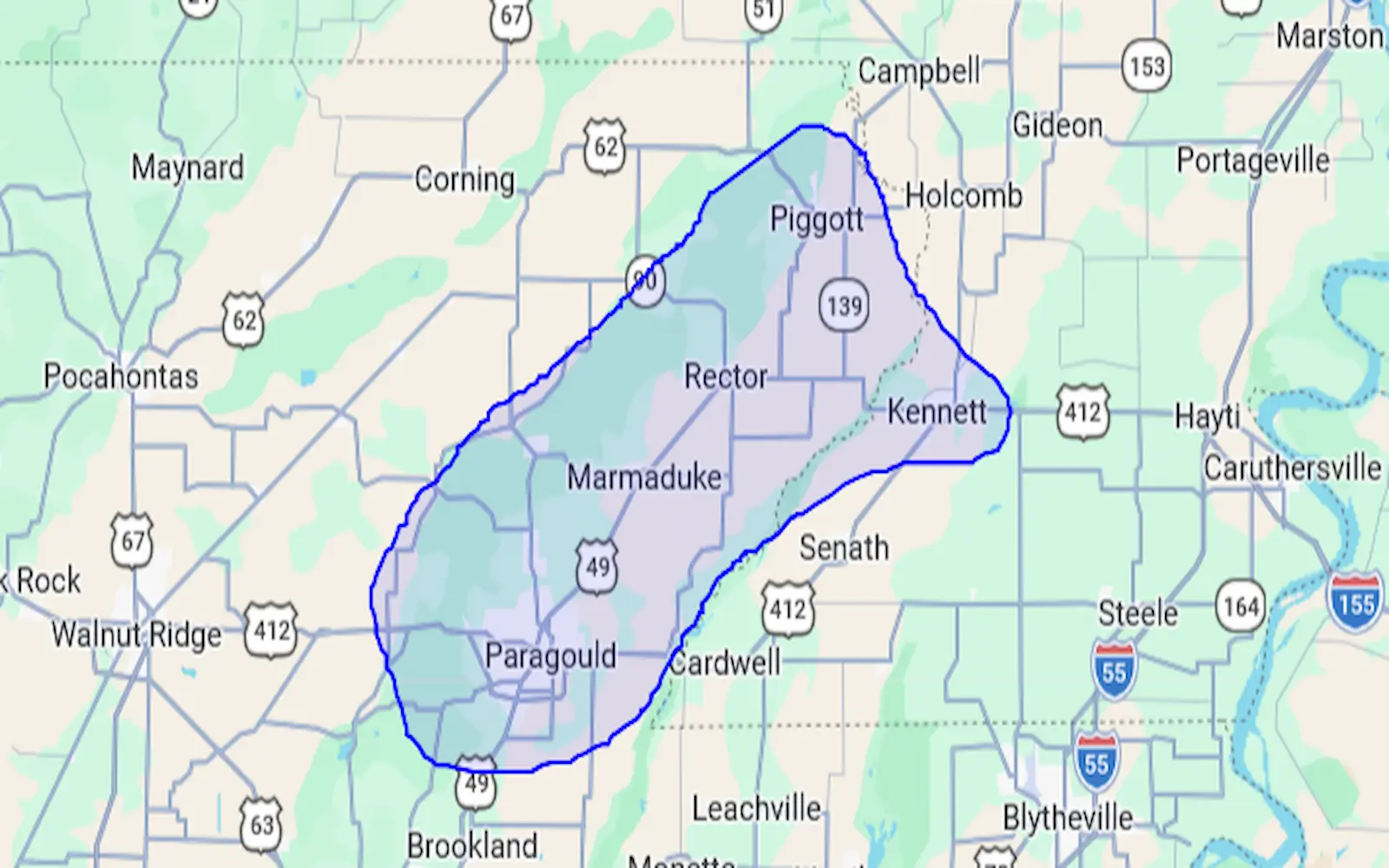 Service area map including Piggott, Paragould, Rector, and Kennett